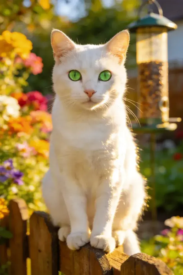 花园木栅栏上的白短毛猫