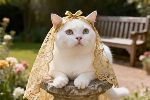 花园中戴金色蕾丝面纱的白短毛家猫特写