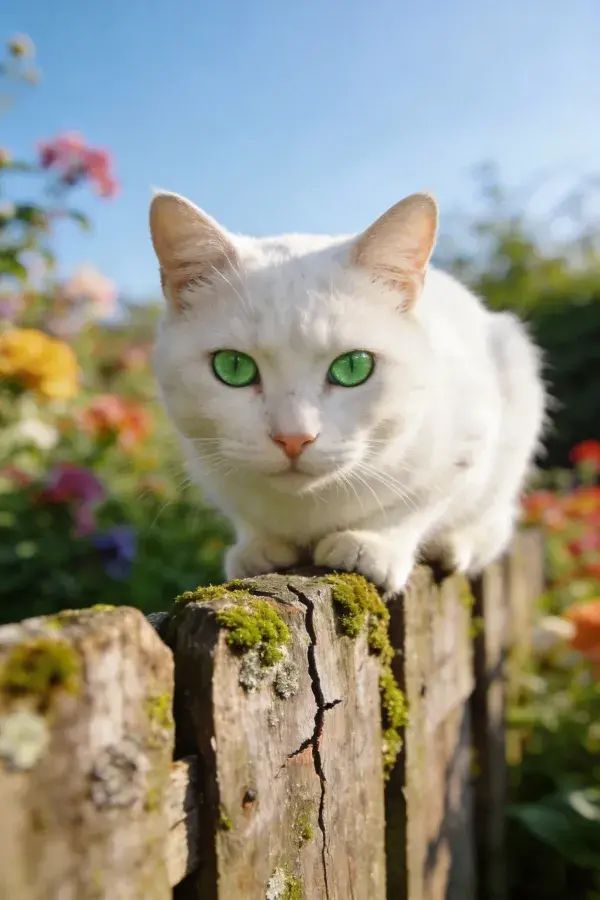 花园木栅栏上的白绿眼短毛家猫