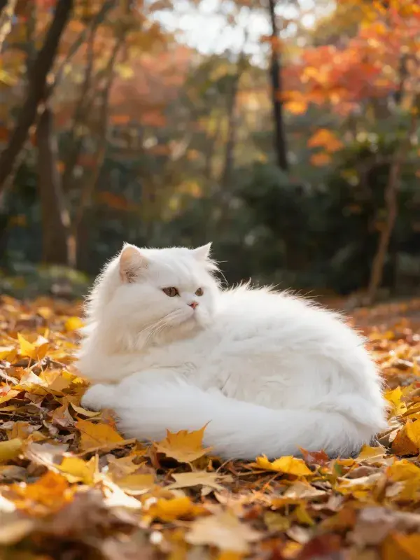 秋日落叶间白色波斯长毛猫