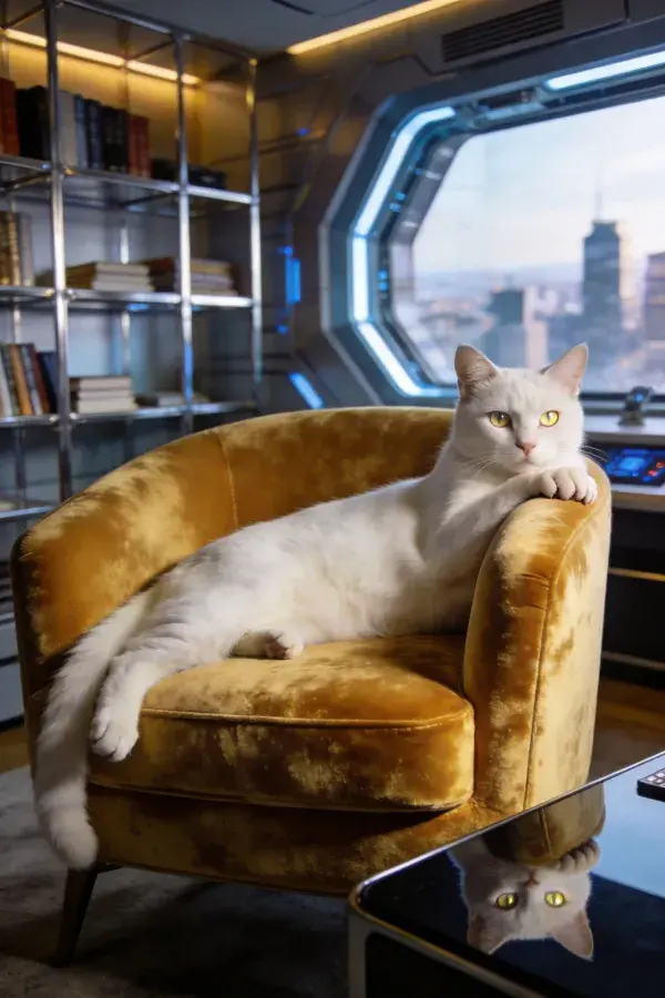 现代空间中白英国短毛猫躺卧图