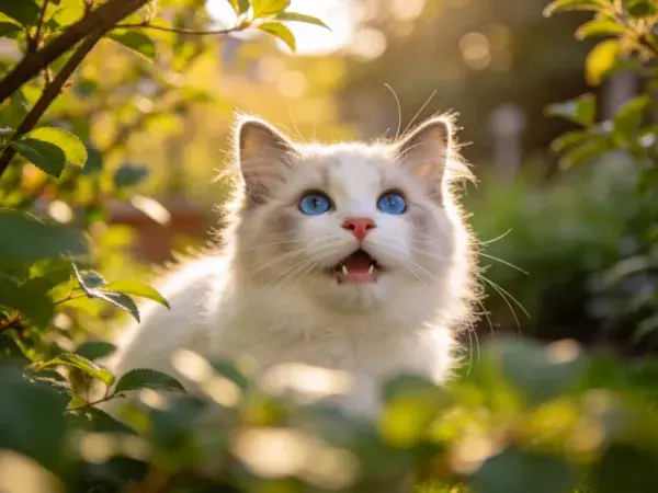 阳光花园里的蓝眼睛长毛猫特写