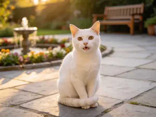 花园石板上的白色短毛家猫