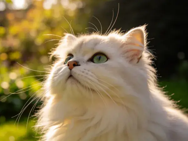 阳光下长毛白色猫咪特写场景