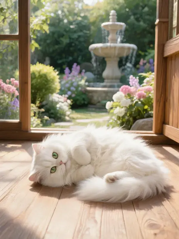 长毛白色波斯猫在庭院室内休息的场景