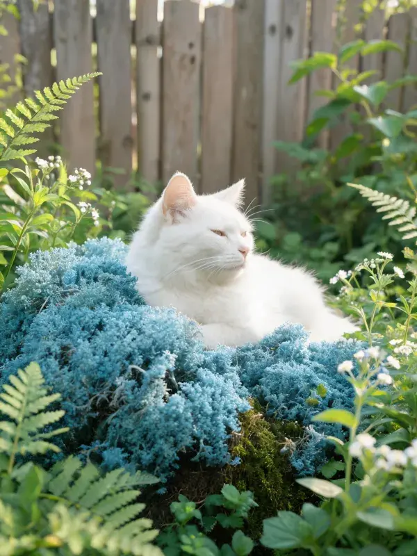 木栅栏旁蓝苔藓上的白色长毛家猫