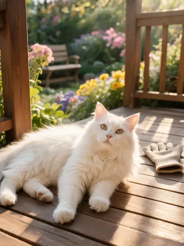 阳光明亮处白长毛猫的休憩时刻