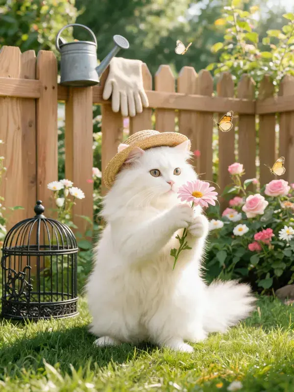 长毛白猫戴草帽持花在花园场景