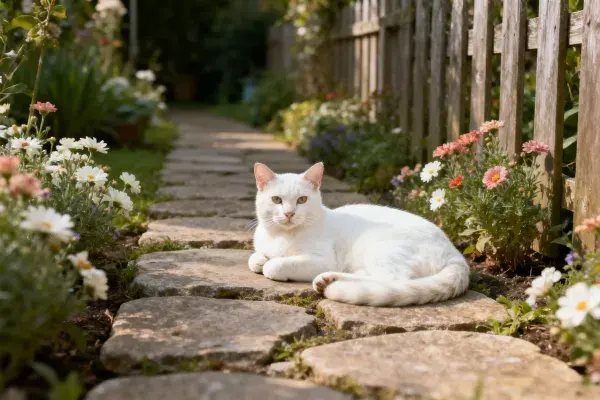 短毛家猫在石板小径的休憩场景