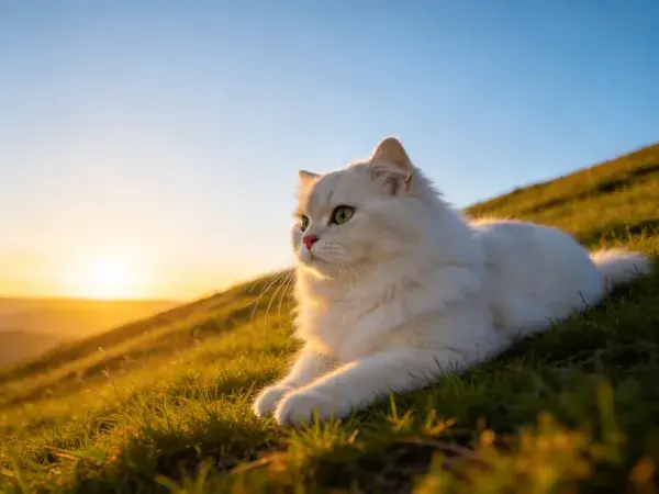 夕阳下草地上的长毛白波斯猫