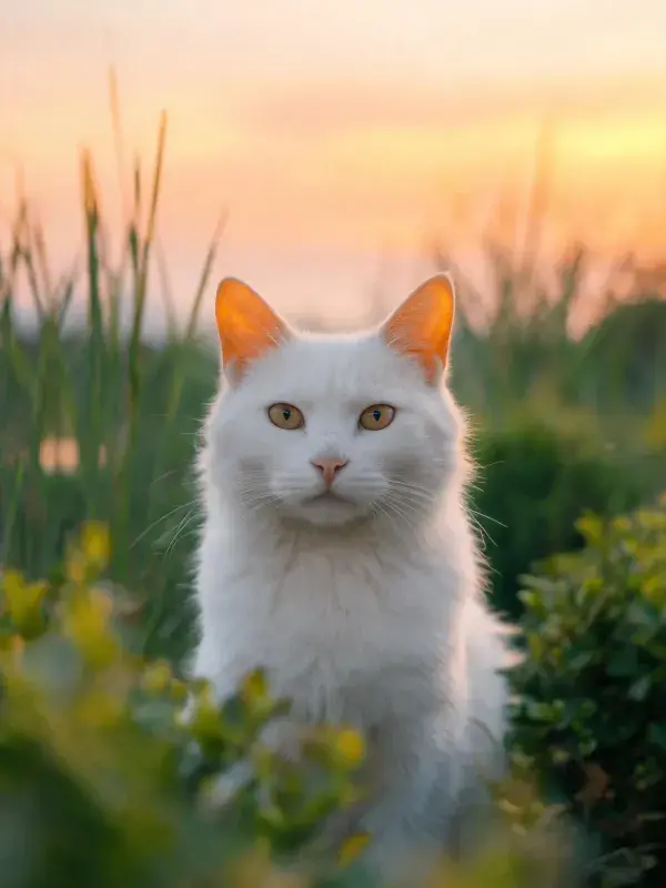 阳光草地里的白短毛家猫