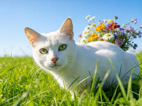 草地中白色短毛家猫注视镜头
