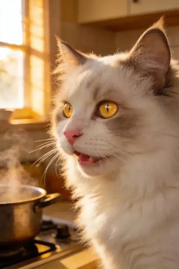 阳光下厨房里的双色长毛猫