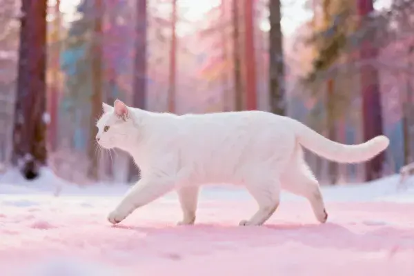 雪地森林中白色短毛家猫行走瞬间