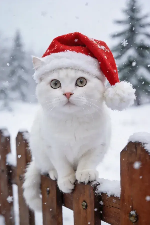 雪地木栅栏上的白英国短毛猫戴圣诞帽
