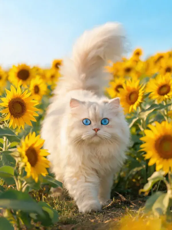 长毛蓝眼白波斯猫漫步向日葵田