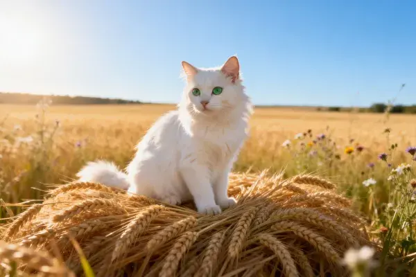白色长毛猫与麦穗堆场景特写