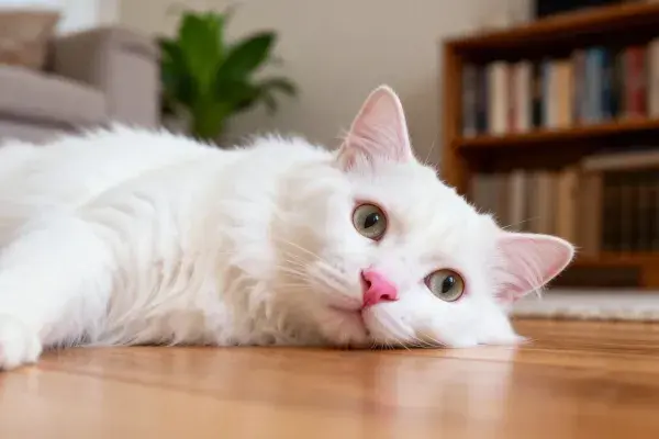 长毛家猫在木质地板上的休憩场景