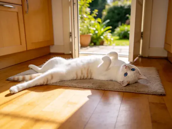 厨房门廊处乳白橘斑短毛猫躺卧图