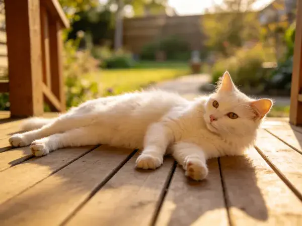 白色短毛家猫在木质露台躺卧