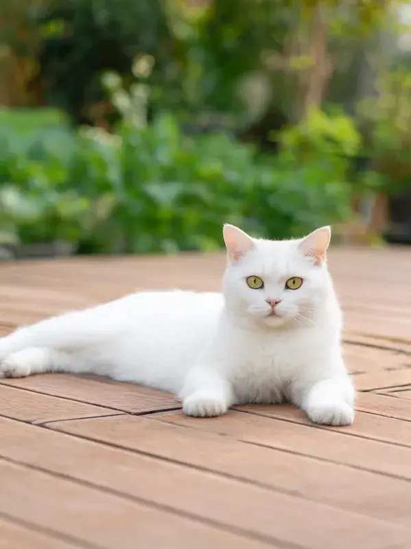 木质平台上休息的白色英国短毛猫