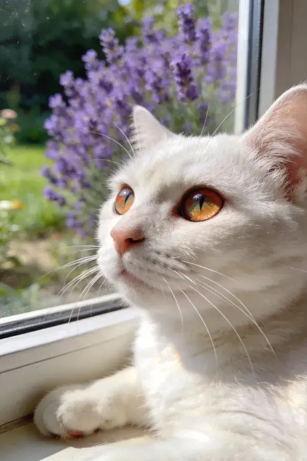 窗边白色英国短毛猫眺望花园