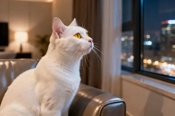 白色短毛家猫于室内窗边观察夜景