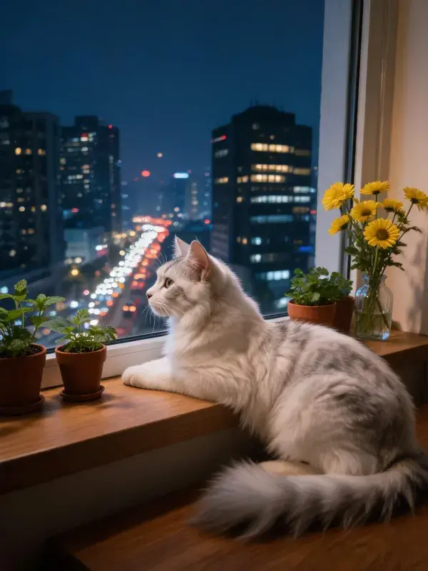 窗台上的银渐层猫与城市夜景
