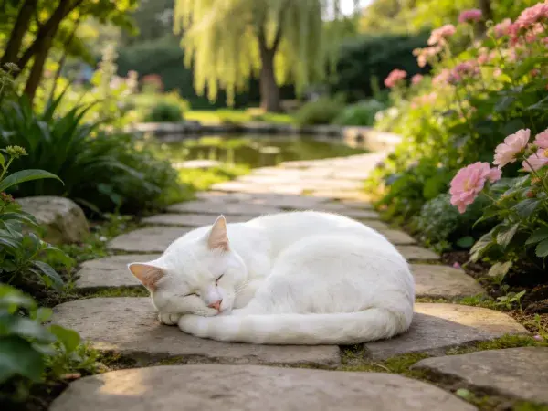 花园石板路上休憩的白短毛家猫