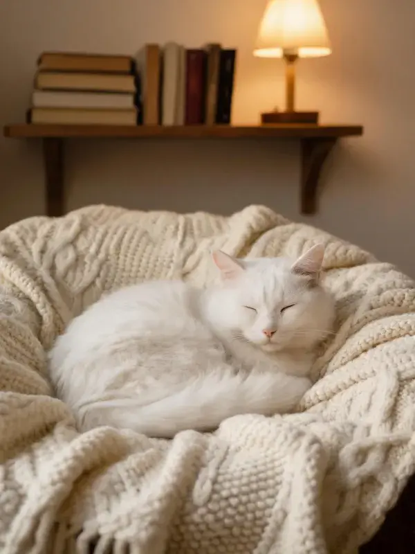 阶梯书架暖光下的白波斯短毛猫休憩图景