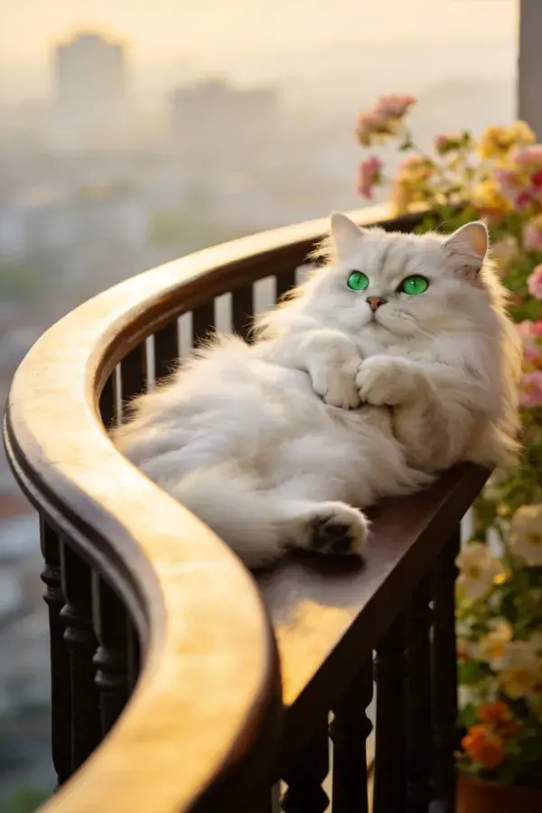 阳台栏杆上的波斯长毛猫特写