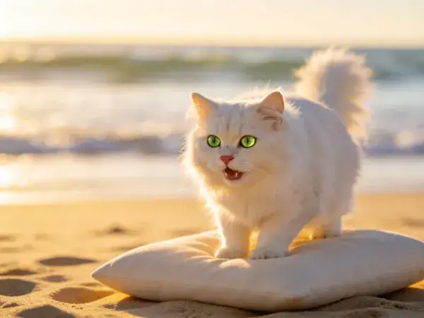 沙滩上的长毛白布偶猫