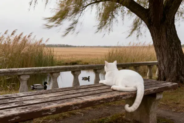 短毛家猫躺卧在水边长椅上