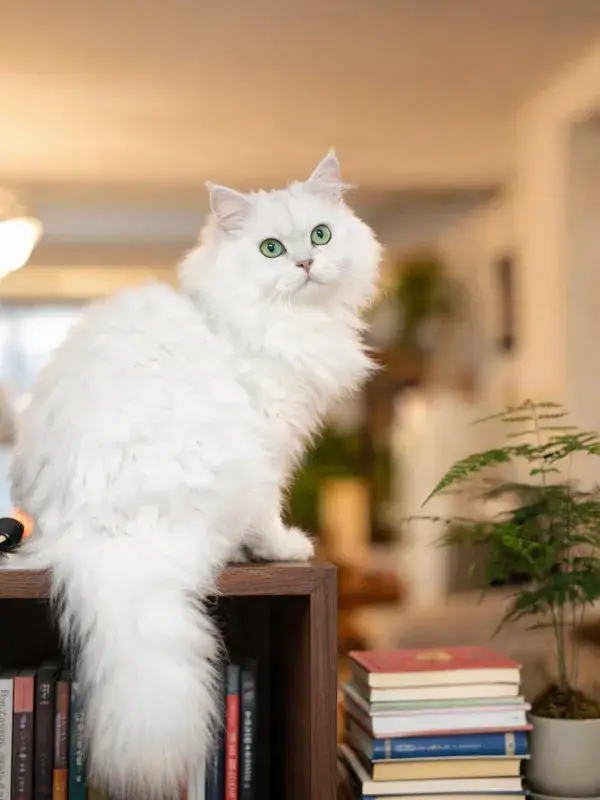 客厅书架上的白色长毛猫