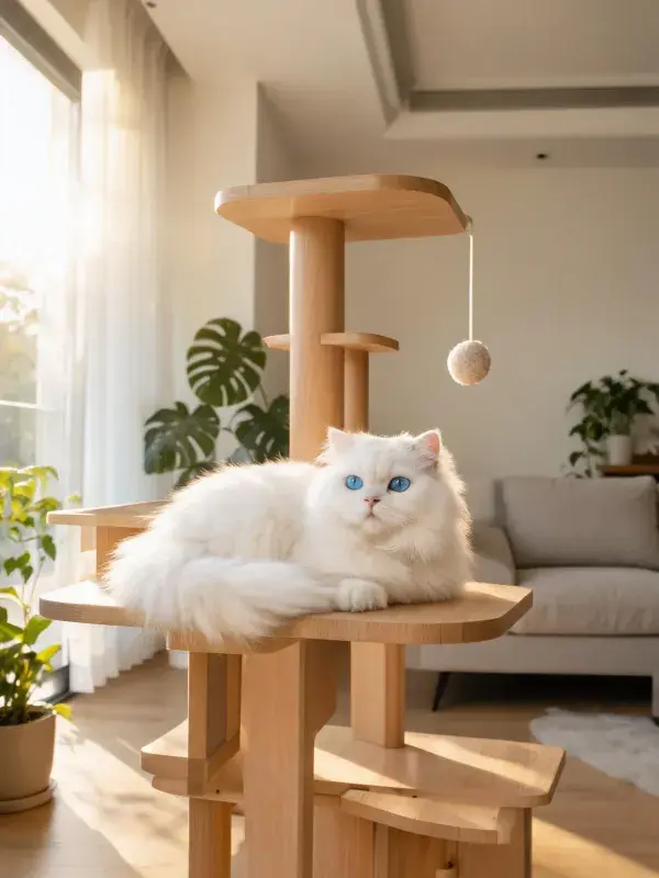 阳光明亮客厅内的布偶猫在木质猫架上的状态
