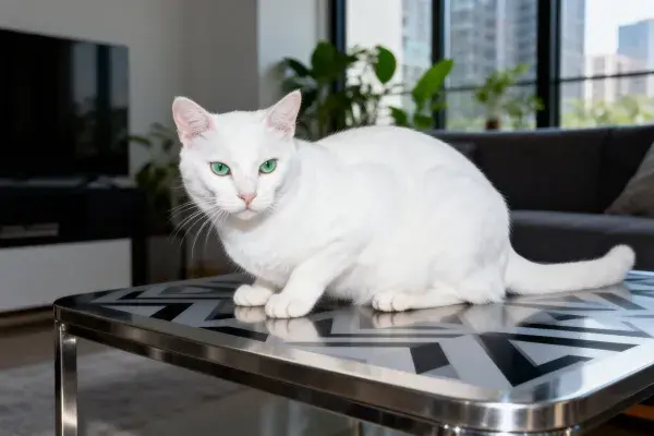 白色土耳其梵猫静坐现代茶几上