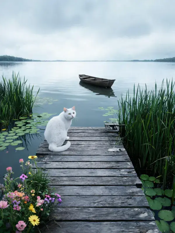 白色短毛家猫于湖边木栈道场景