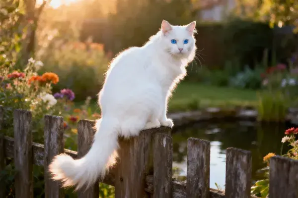 花园木栅栏上的长毛白布偶猫