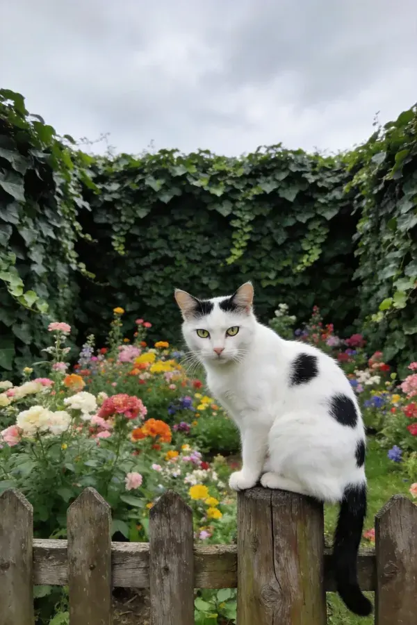 花园木栅栏上的黑白短毛家猫