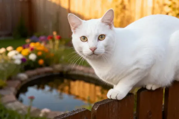 短毛家猫于木栅栏旁的花园场景