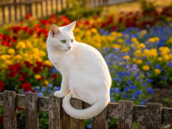 木栅栏旁花园里的白色短毛家猫