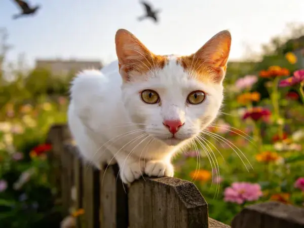 阳光下木栅栏上的花白短毛家猫