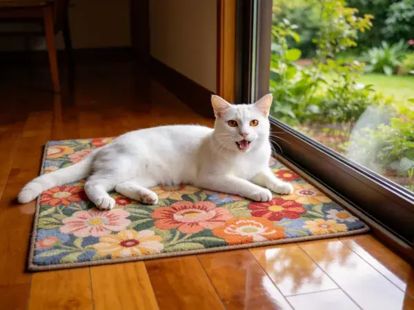 窗边彩色地毯上的白色短毛家猫