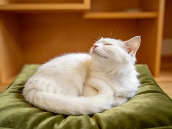 室内暖光下白色长毛家猫休息场景