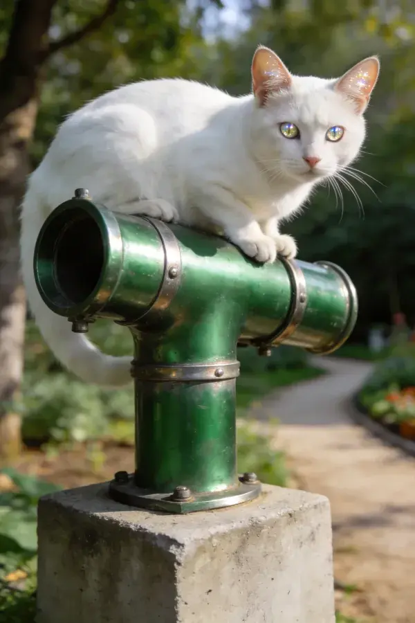 花园管道上的白短毛家猫