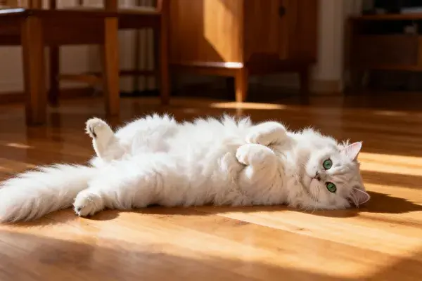 长毛白色波斯猫在室内木地板玩耍