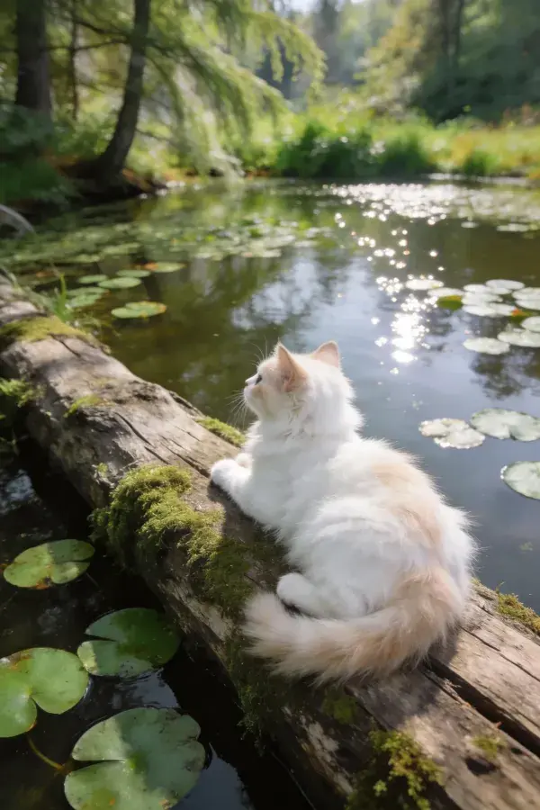 阳光下木桩上的双色长毛猫