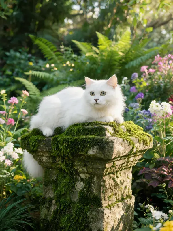 白色长毛猫栖息在苔藓石柱上的花园场景