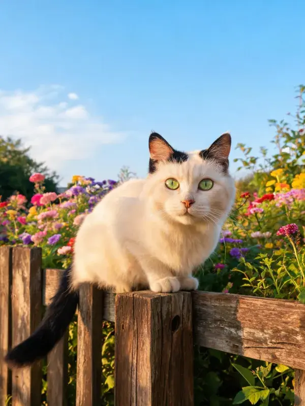 双色短毛家猫于花篱间的停留景象