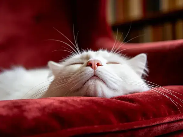 红色软垫上的白色短毛家猫